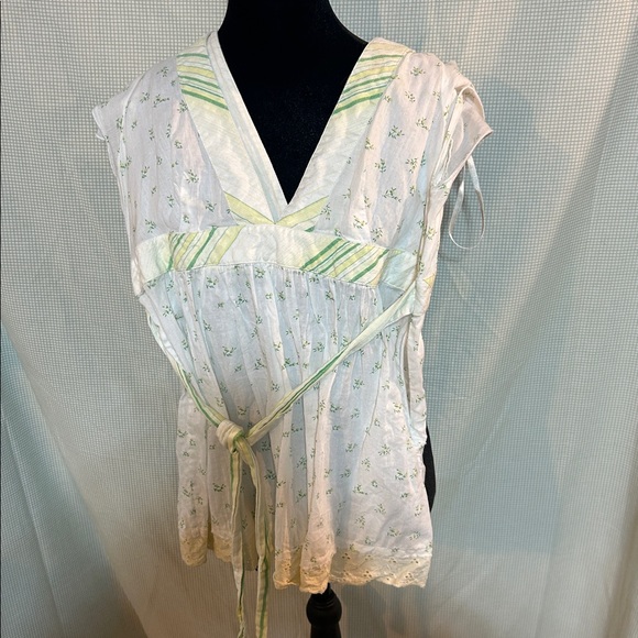 Vintage Free People White and Green Striped Blouse-size XS-S-Flaw - Picture 5 of 8